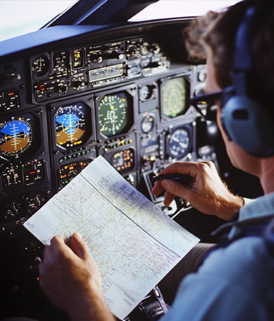 Pilot reviewing flight charts in the cockpit